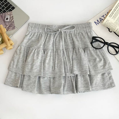 Drawstring Tiered Mini Flared Skirt