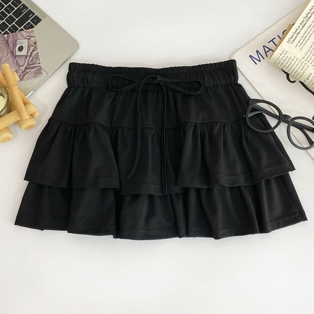 Drawstring Tiered Mini Flared Skirt