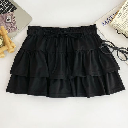 Drawstring Tiered Mini Flared Skirt