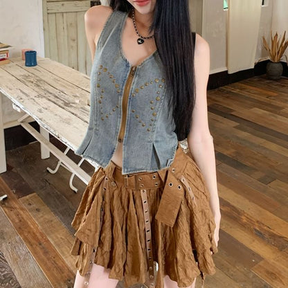Studded Denim Vest and Asymmetric Mini Skirt Set