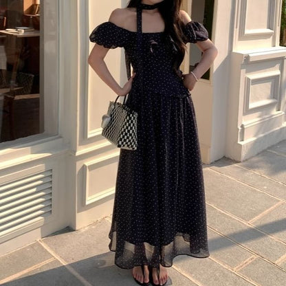 Off-Shoulder Short-Sleeve Dotted Ruffle A-Line Maxi Dress