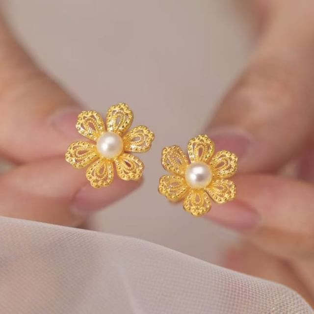 Earring Faux Stud Floral Pearl Alloy