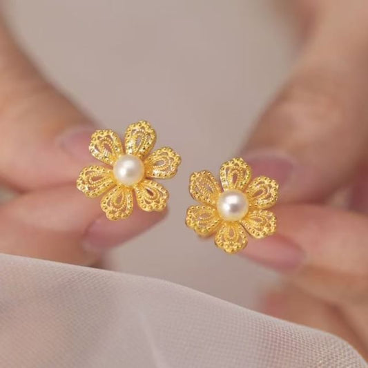 Earring Faux Stud Floral Pearl Alloy