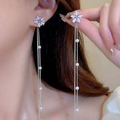 Faux Alloy Floral Gemstone Pearl Threader Earring