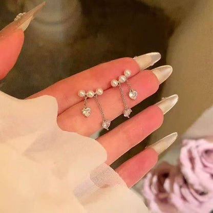 Pearl Earring Rhinestone Dangle Heart Faux Alloy