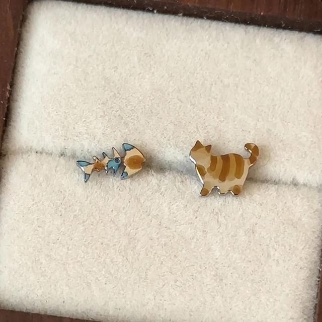 Earring Cat Alloy Stud Fish Asymmetrical