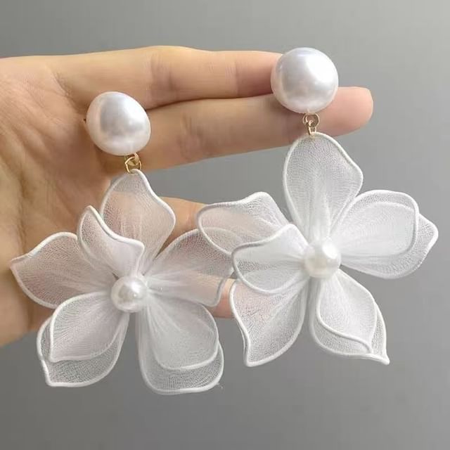 Pearl Faux Statement Earring Mesh Floral Alloy