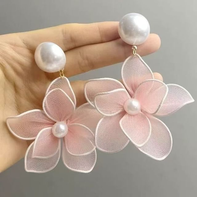 Pearl Faux Statement Earring Mesh Floral Alloy