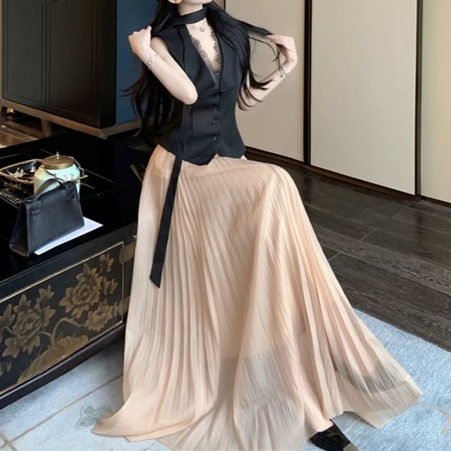Lace Trim Vest with Skinny Scarf and Maxi Flared Skirt Set