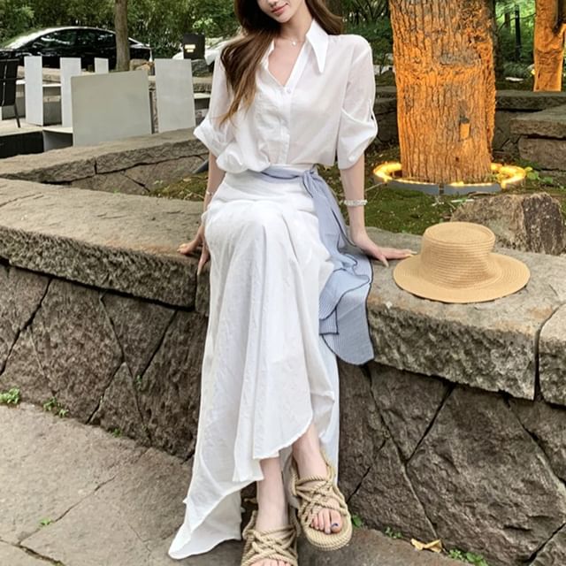 V Neck Shirt with High Rise Midi Skirt and Striped Sash Set