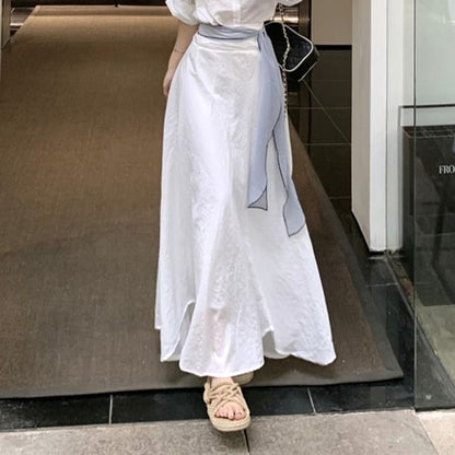 V Neck Shirt with High Rise Midi Skirt and Striped Sash Set