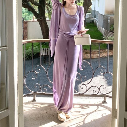 Knit Tank with Cardigan and Drawstring Pencil Maxi Skirt Set