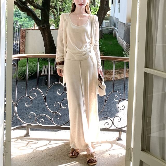Knit Tank with Cardigan and Drawstring Pencil Maxi Skirt Set