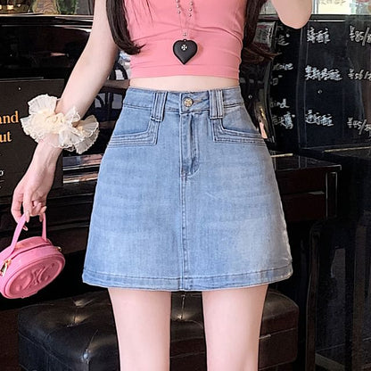 Denim Mini Flared Skirt with High Waist