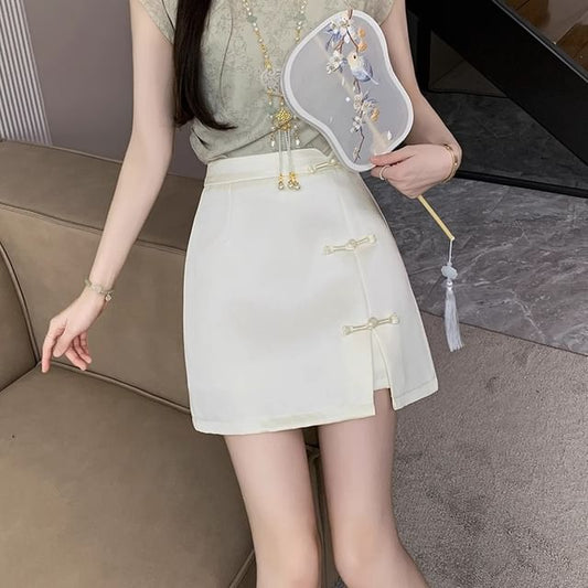 Frog-Button High-Rise Mini Skirt