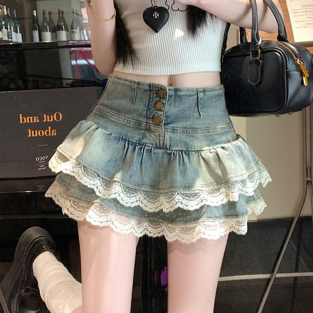 Lace Trimmed Tiered Denim Mini Skirt