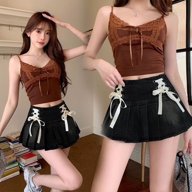 Lace-Up Pleated Denim Mini Skirt