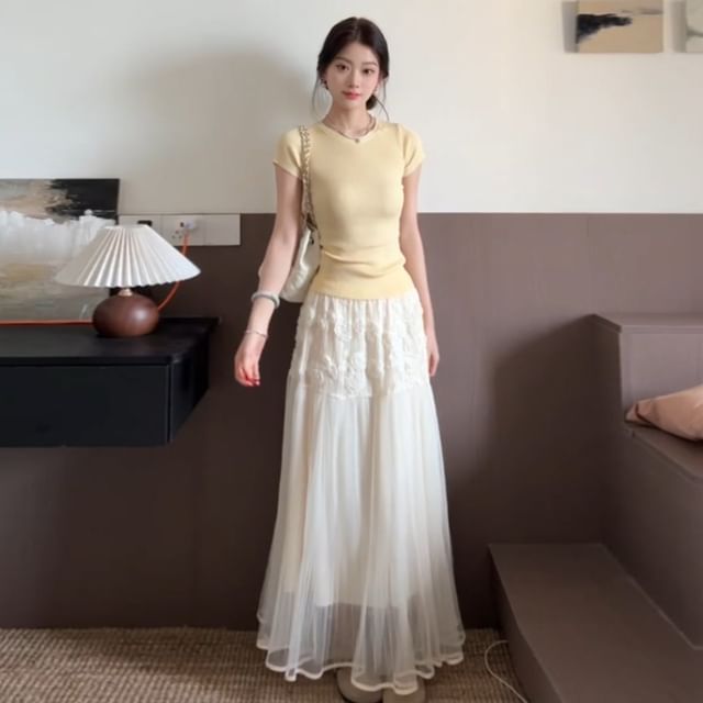Mesh Maxi Flared Skirt with High Waist