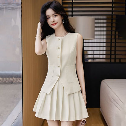 Sleeveless Vest and Pleated Mini Skirt Set