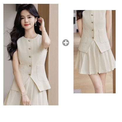 Sleeveless Vest and Pleated Mini Skirt Set