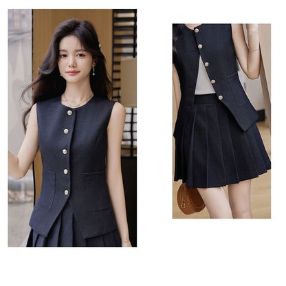 Sleeveless Vest and Pleated Mini Skirt Set