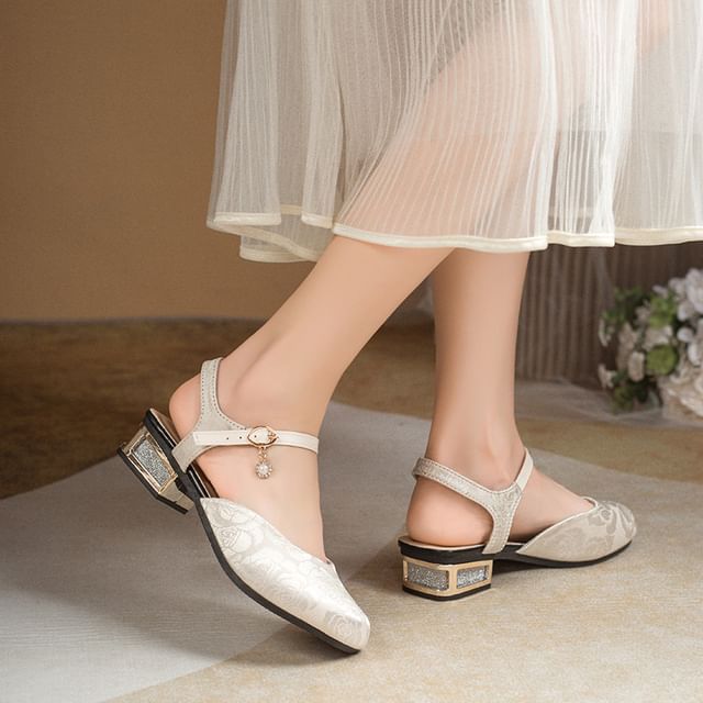 Low Heel Faux Pearl Dangle Ankle Strap Sandals