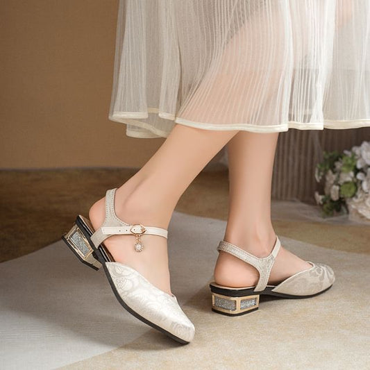 Low Heel Faux Pearl Dangle Ankle Strap Sandals