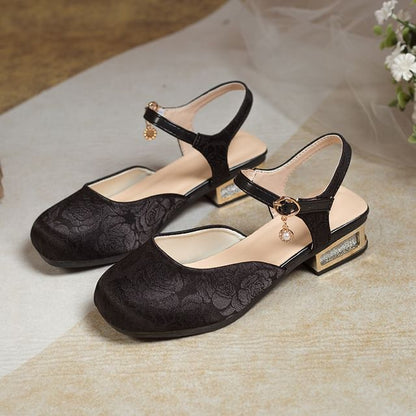 Low Heel Faux Pearl Dangle Ankle Strap Sandals