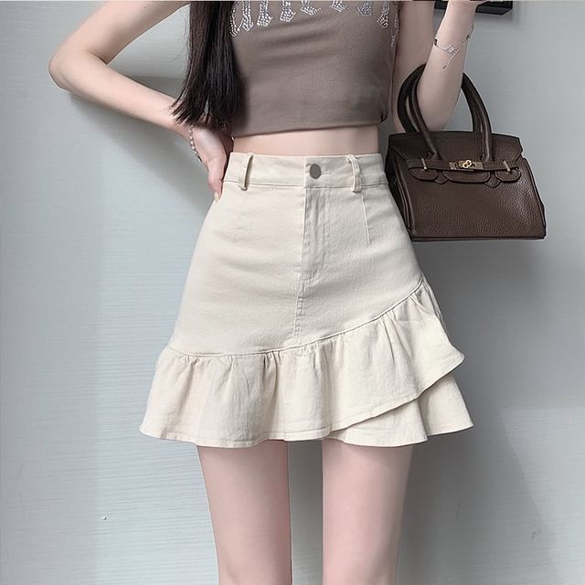 Ruffled Denim Mini Flared Skirt with High Rise