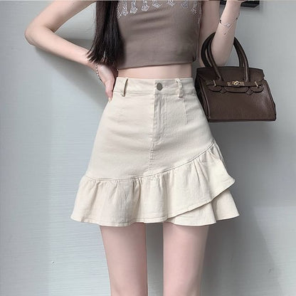 Ruffled Denim Mini Flared Skirt with High Rise