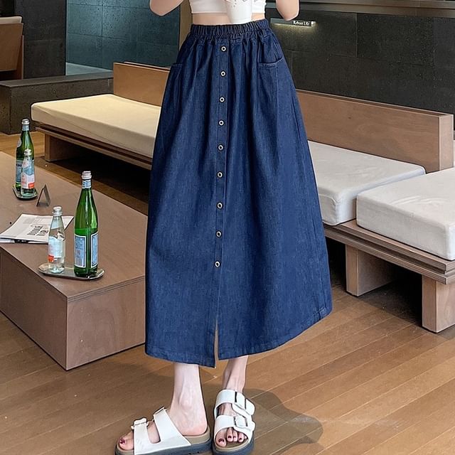 Denim Midi Flared Skirt with High Rise