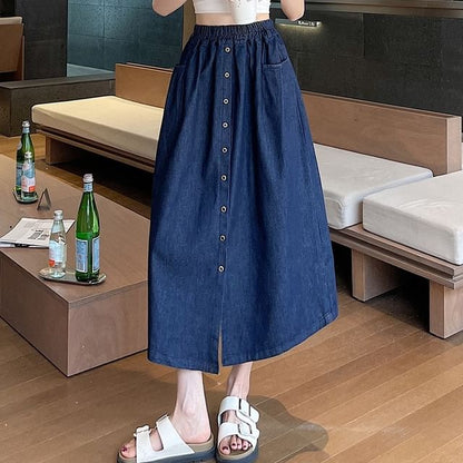 Denim Midi Flared Skirt with High Rise