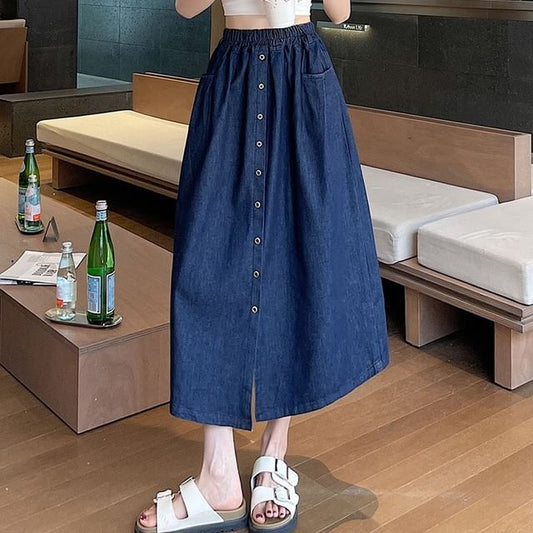 Denim Midi Flared Skirt with High Rise