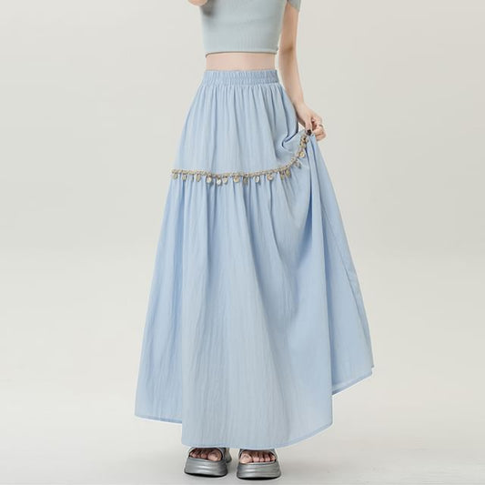 High-Rise Fringed Maxi Flared Skirt