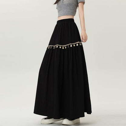 High-Rise Fringed Maxi Flared Skirt