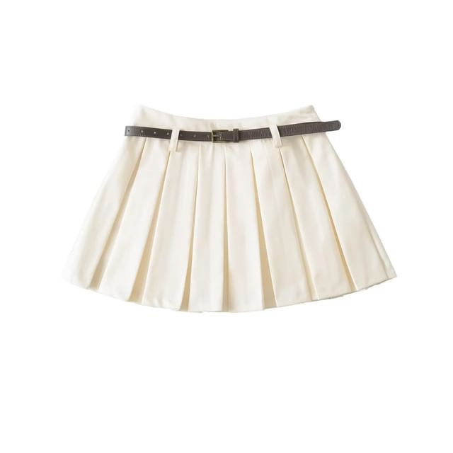 Pleated Mini Skirt with Faux Leather Belt Set