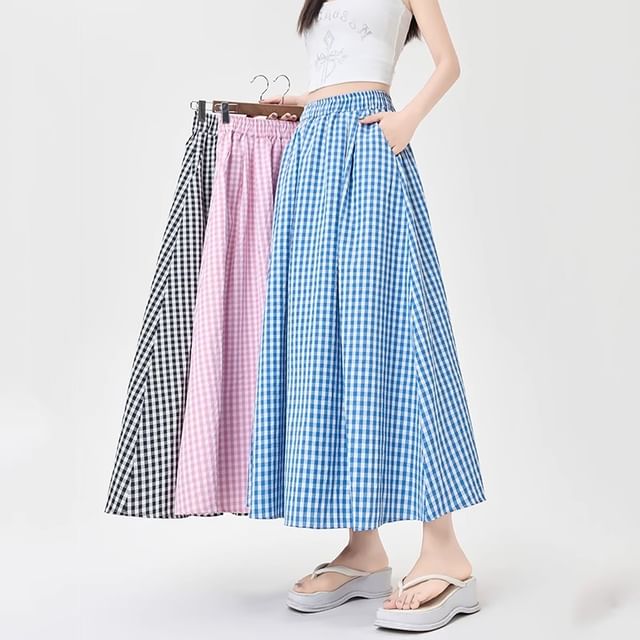 Gingham Midi Flared Skirt with High Rise Waist