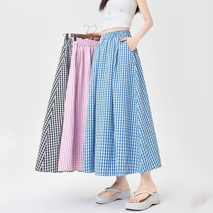 Gingham Midi Flared Skirt with High Rise Waist