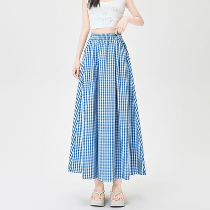 Gingham Midi Flared Skirt with High Rise Waist