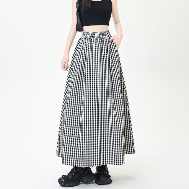 Gingham Midi Flared Skirt with High Rise Waist