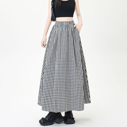 Gingham Midi Flared Skirt with High Rise Waist