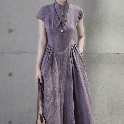 Band Collar Short-Sleeve A-Line Maxi Dress