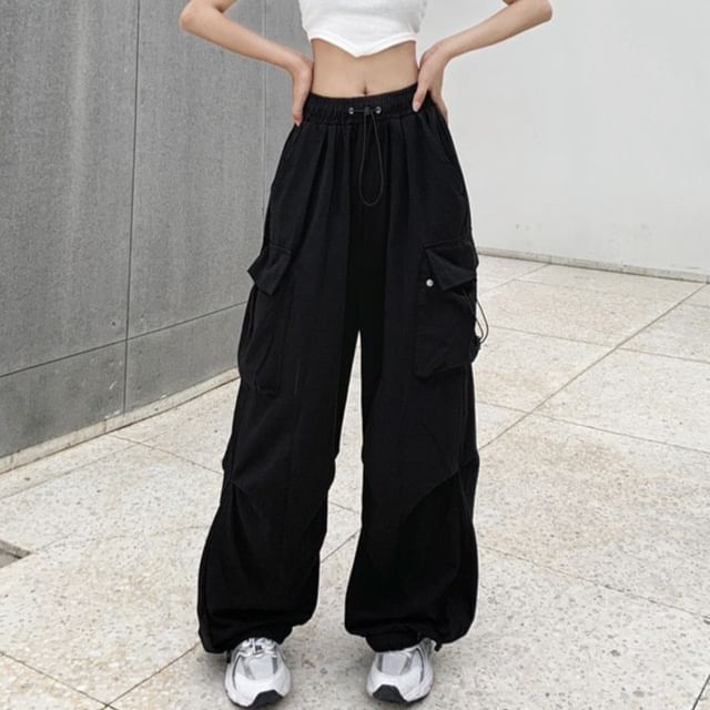 Drawstring Waist Plain Cargo Wide Leg Pants