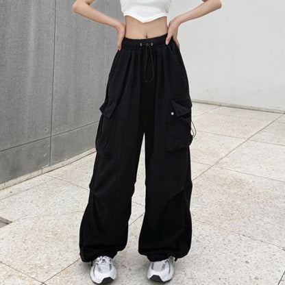 Drawstring Waist Plain Cargo Wide Leg Pants
