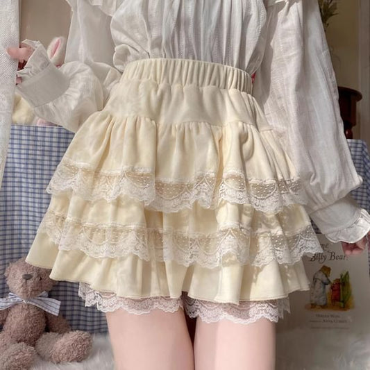 High-Rise Minimalist Lace Edge Mini Layered Skirt