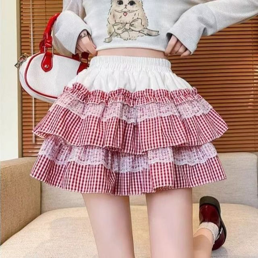 Elevated Waistband Tartan Frill Mini Flared Skirt