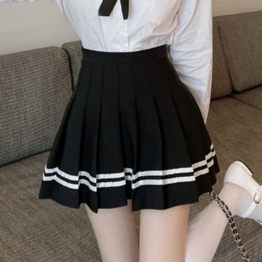 Elevated Waistband Striped Mini Pleat Skirt