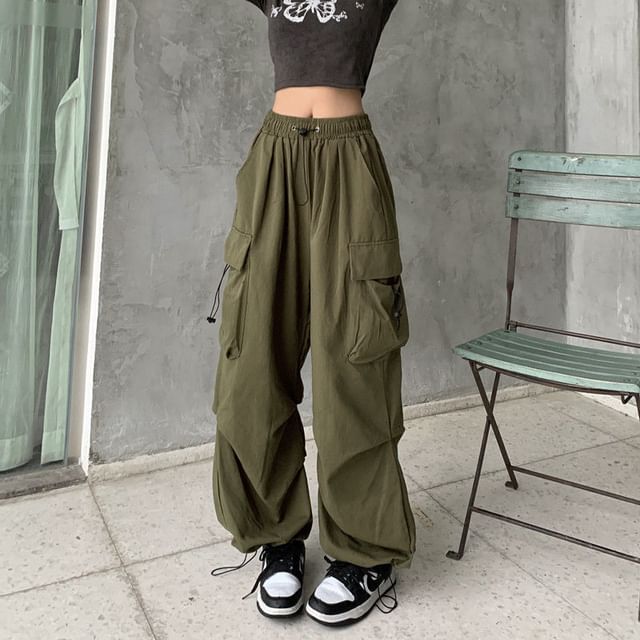 Drawstring Waist Plain Cargo Wide Leg Pants
