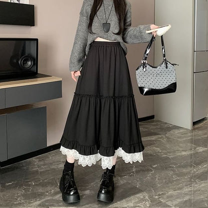 High-Rise Minimalist Frill Midi Flared Skirt