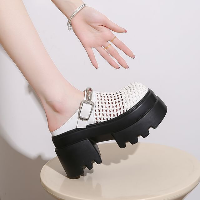 Platform Woven Buckled Mules